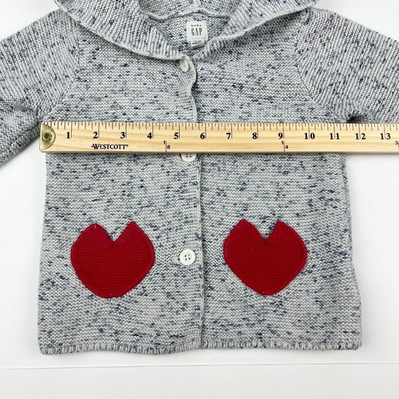 Baby Gap Knit Blue Gray Hooded Heart Pockets Knit Cardigan Sweater Size 18-24 M - Picture 9 of 14